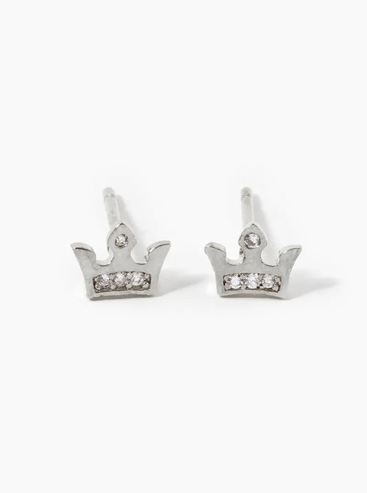 White Gold Dipped CZ Pave Crown Stud Earrings