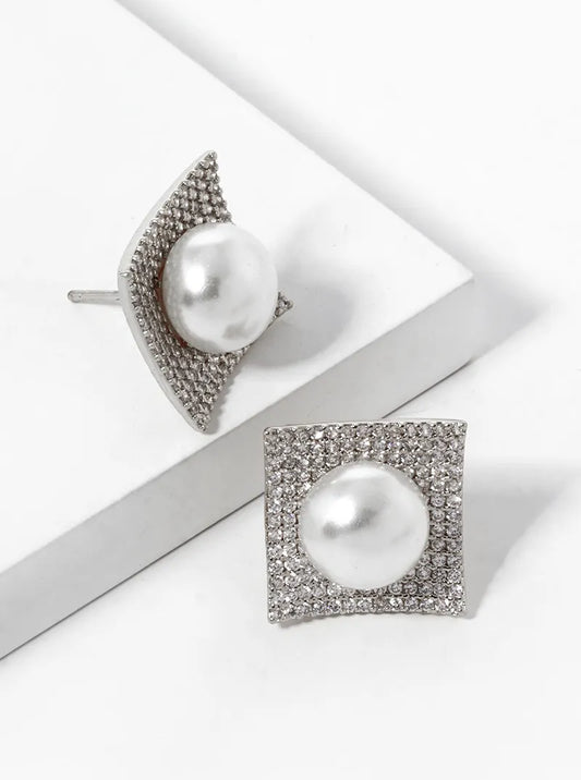 White Gold Dipped CZ Pave Curved Square With 9mm Pearl Stud Earrings