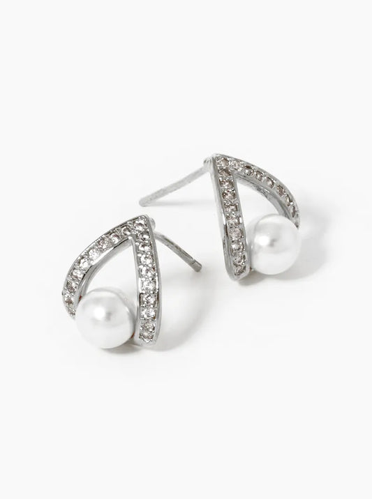 White Gold Dipped CZ Pave Curved Teardrop Stud Earrings