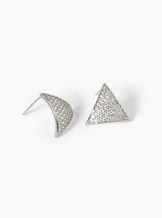 White Gold Dipped CZ Pave Curved Triangle Stud Earrings