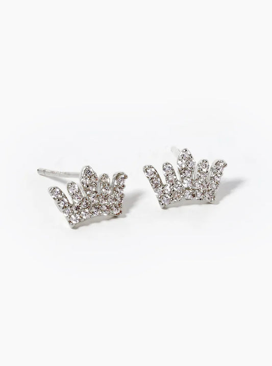 White Gold Dipped CZ Pave Dainty Crown Stud Earrings