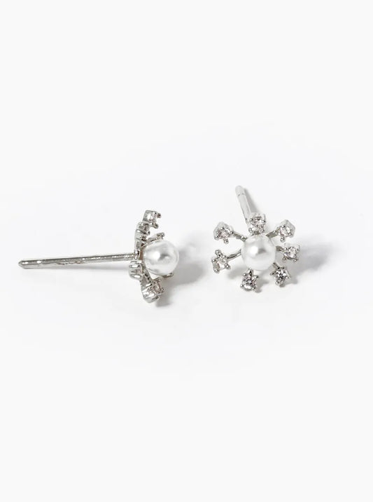 White Gold Dipped CZ Pave Dainty Pearl Flower Stud Earrings