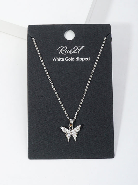 White Gold Dipped CZ Pave Delicate Butterfly Pendant Necklace