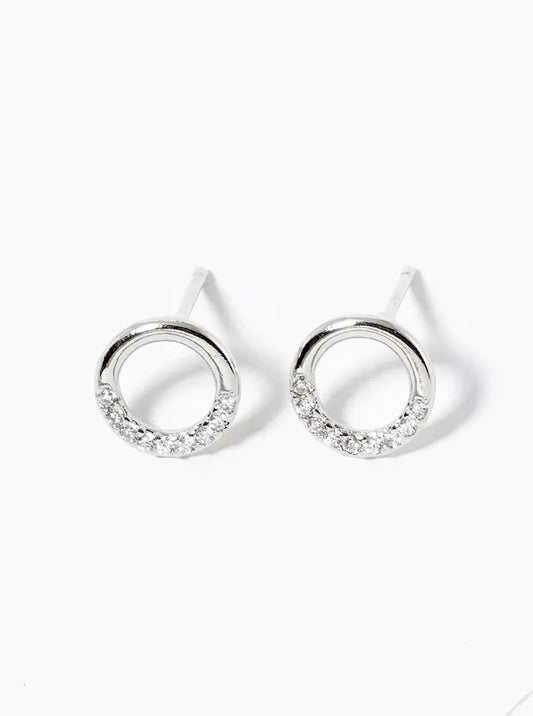 White Gold Dipped CZ Pave Delicate Circle Post Stud Earrings