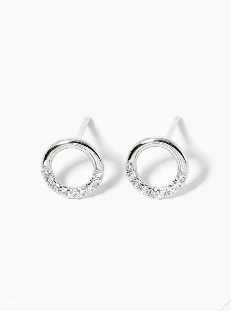 White Gold Dipped CZ Pave Delicate Circle Post Stud Earrings