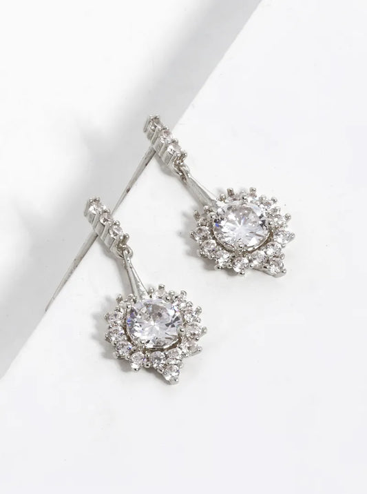 White Gold Dipped CZ Pave Delicate Dangle Post Earrings