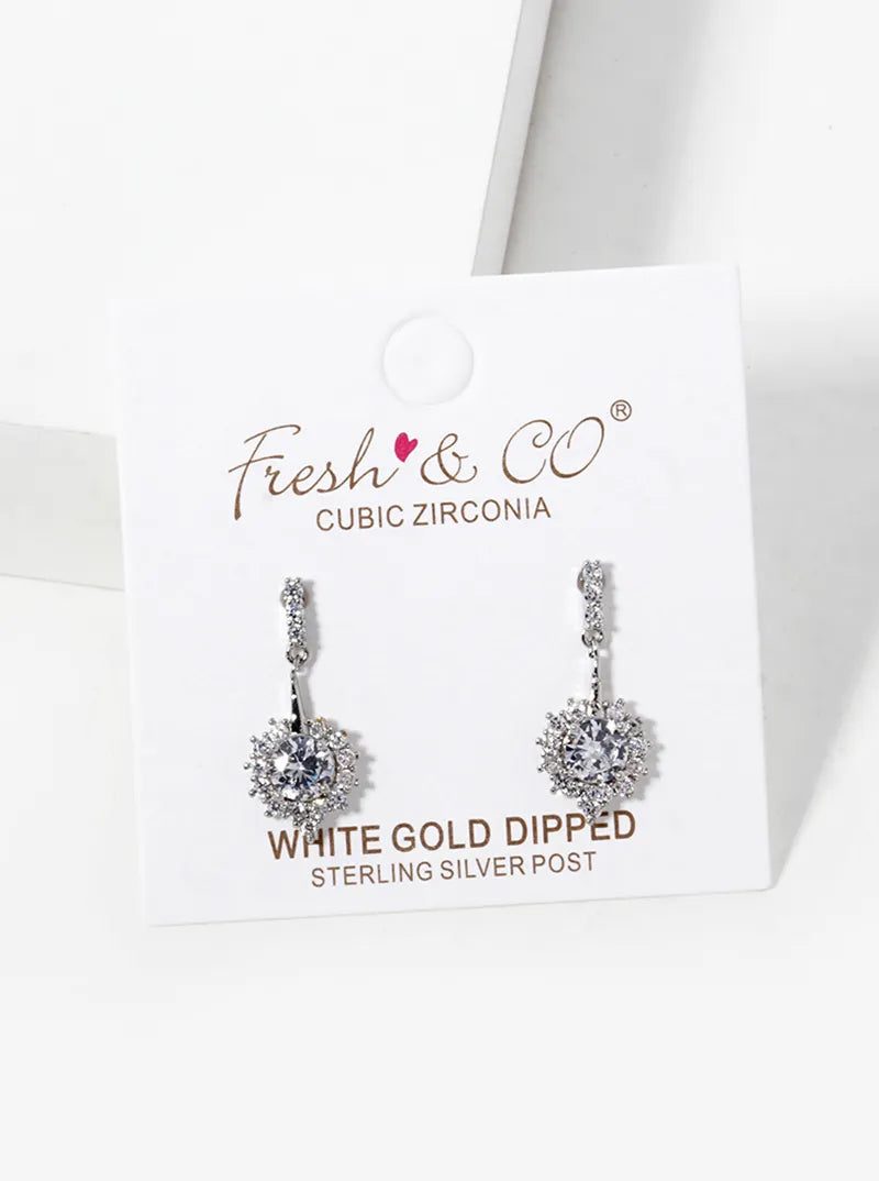 White Gold Dipped CZ Pave Delicate Dangle Post Earrings