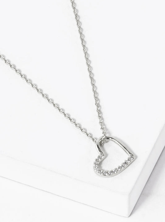 White Gold Dipped CZ Pave Delicate Heart Pendant Necklace