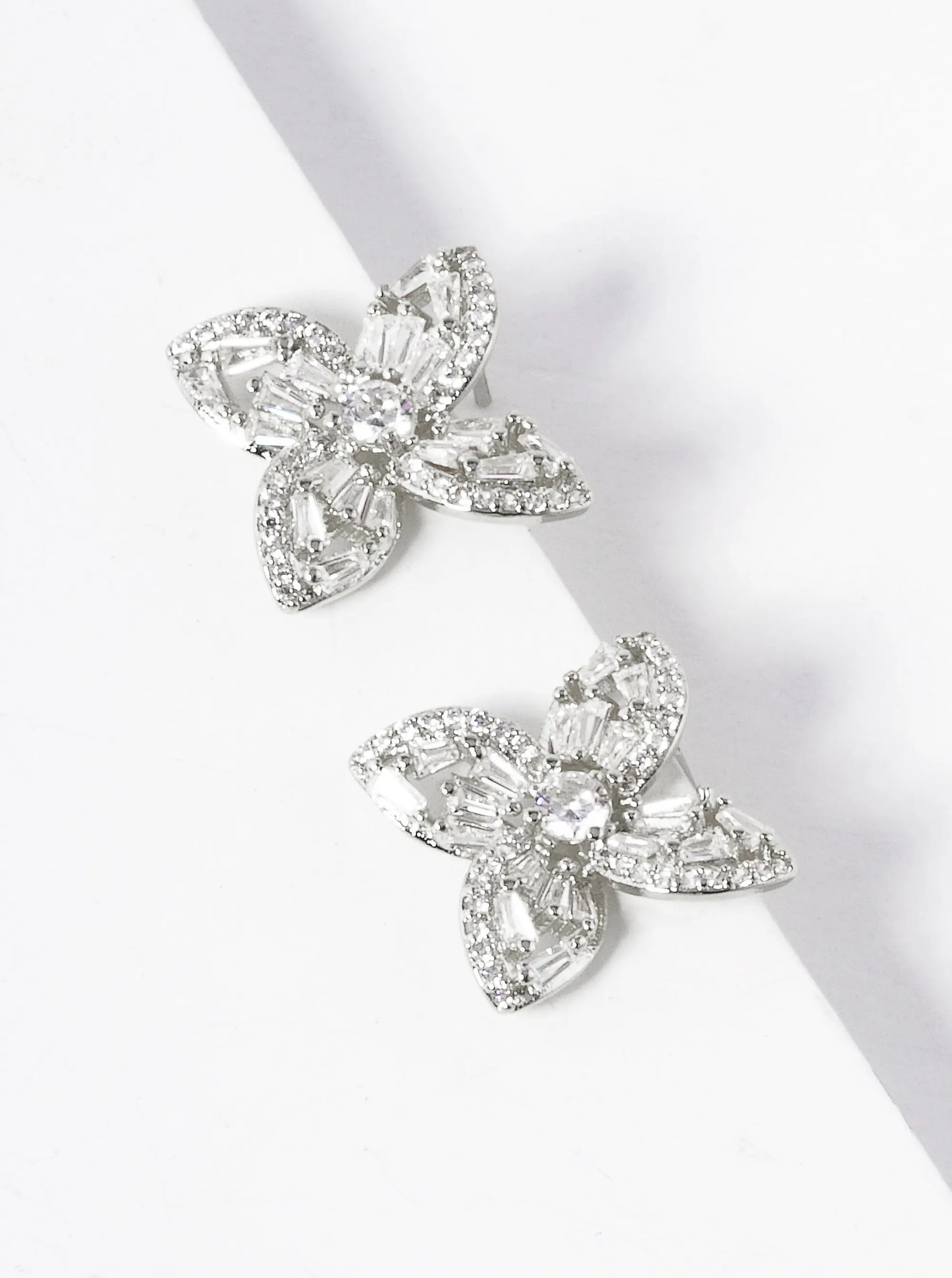 White Gold Dipped CZ Pave Designer Inspired Flower Stud Earrings