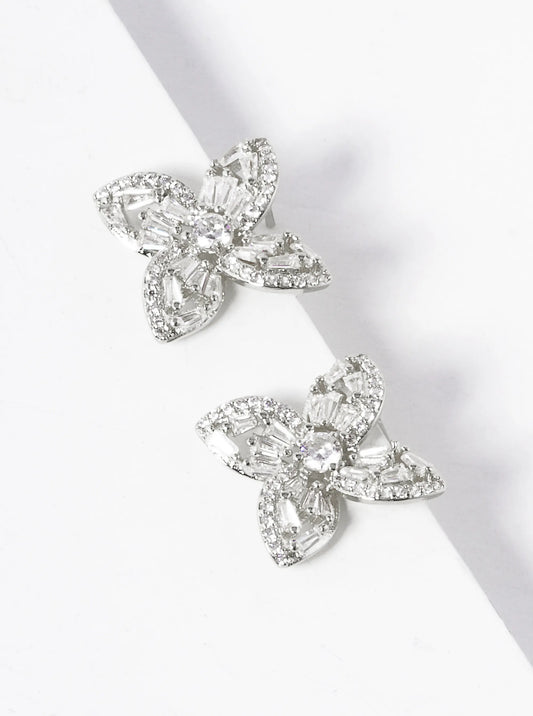 White Gold Dipped CZ Pave Designer Inspired Flower Stud Earrings