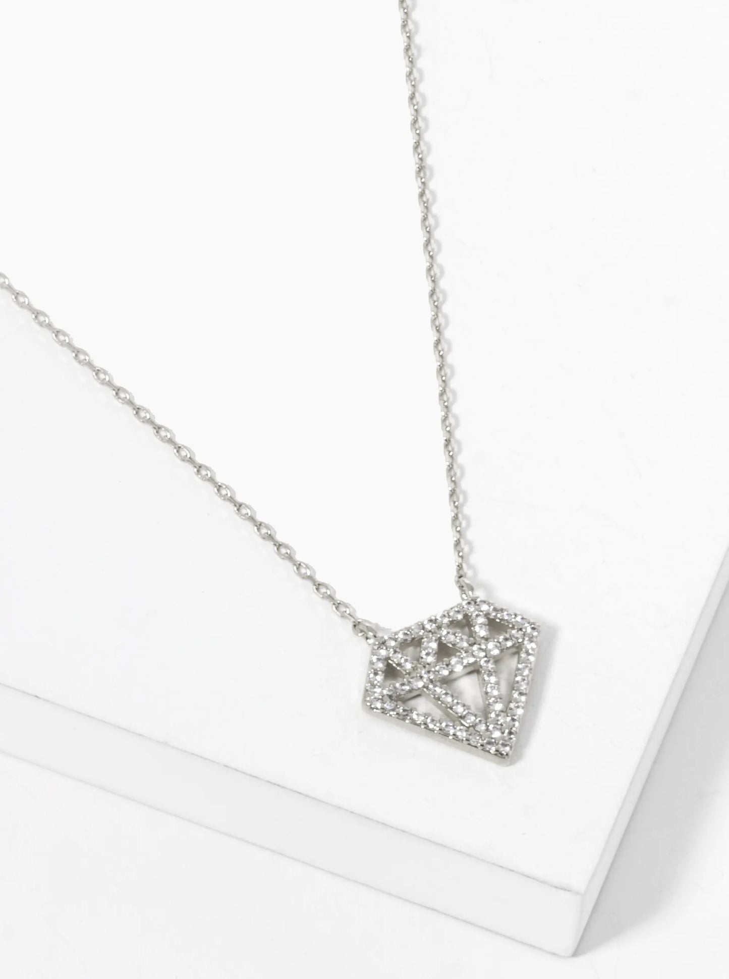 White Gold Dipped CZ Pave Diamond Shape Pendant Necklace