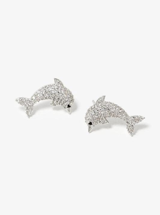 White Gold Dipped CZ Pave Dolphin Stud Earrings