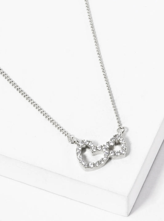 White Gold Dipped CZ Pave Double Heart Pendant Necklace