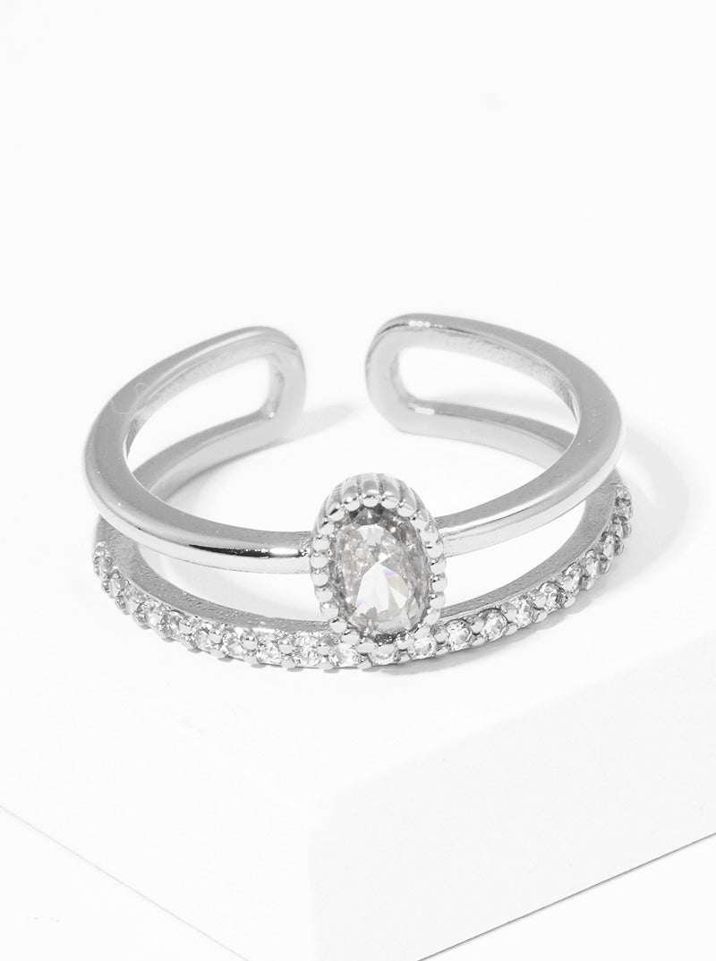 White Gold Dipped CZ Pave Double Row Adjustable Cuff Ring