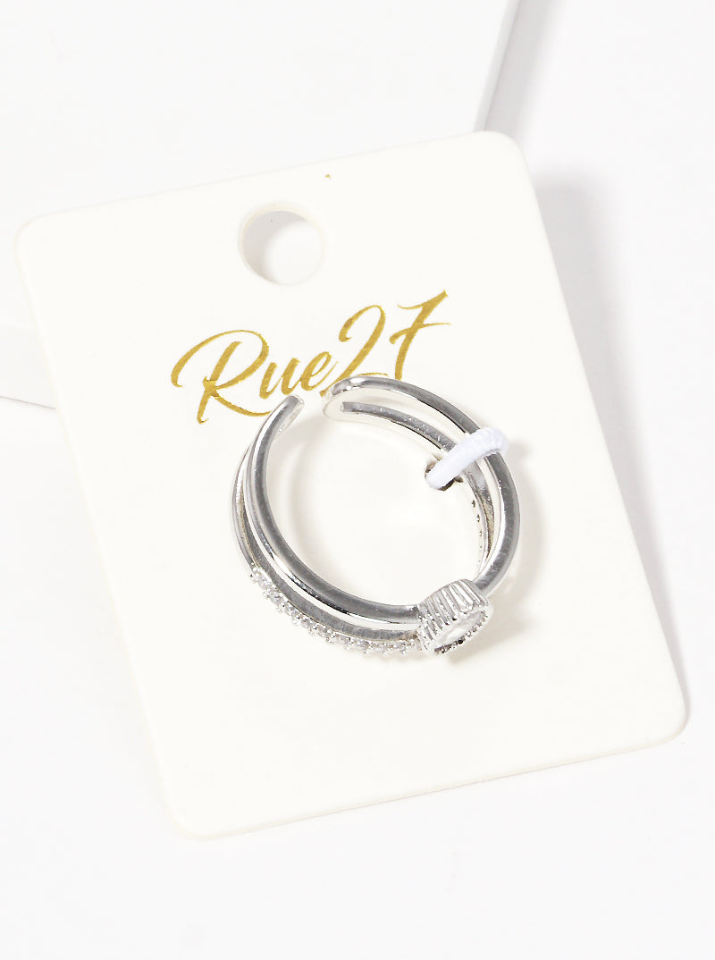 White Gold Dipped CZ Pave Double Row Adjustable Cuff Ring