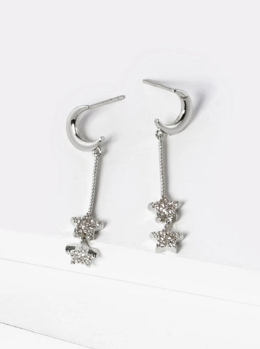 White Gold Dipped CZ Pave Double Star Drop Celestial Earrings