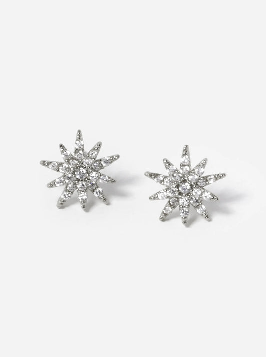 White Gold Dipped CZ Pave Double Star Stud Earrings