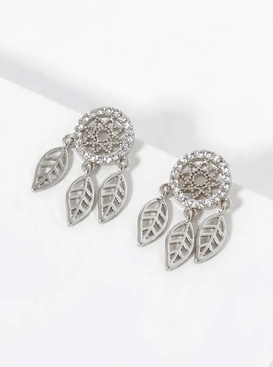 White Gold Dipped CZ Pave Dreamcatcher Stud Earrings