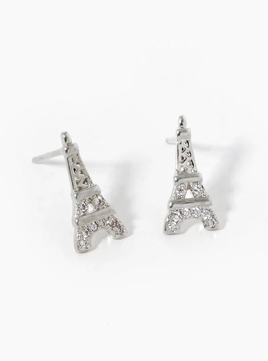 White Gold Dipped CZ Pave Eiffel Tower Stud Earrings