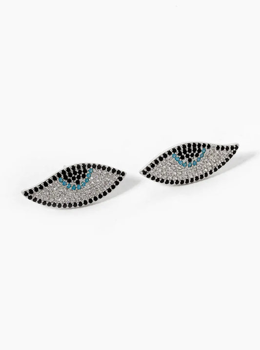 White Gold Dipped CZ Pave Evil Eye Spiritual Stud Earrings