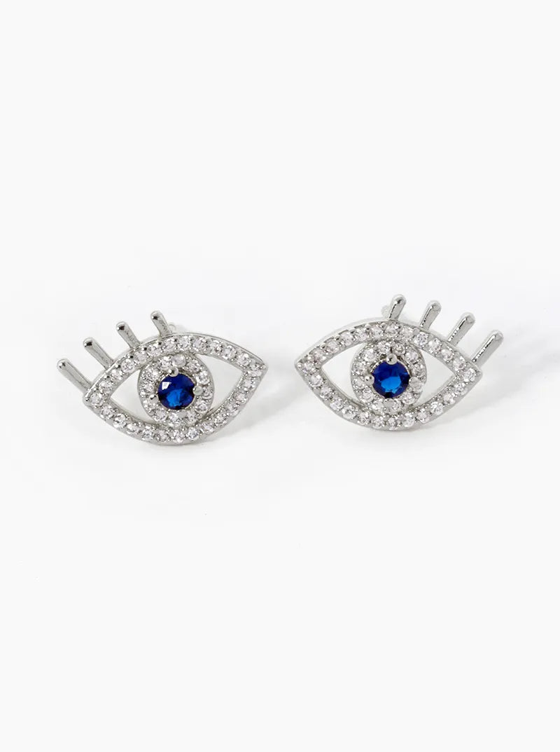 White Gold Dipped CZ Pave Evil Eye Stud Earrings