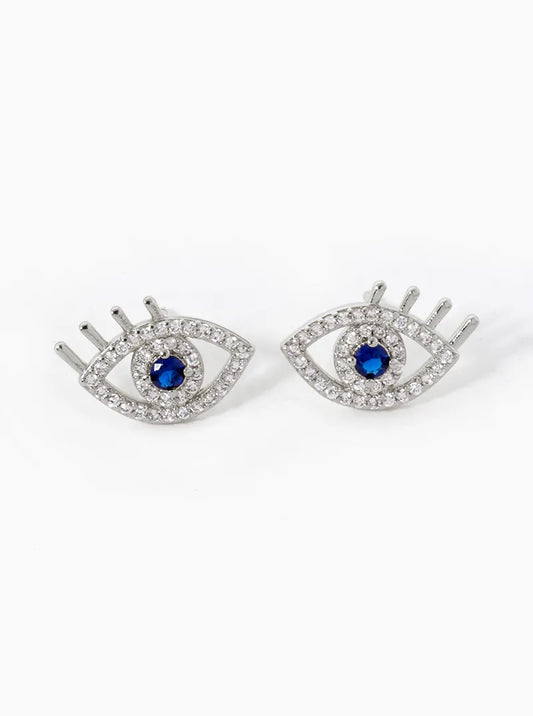 White Gold Dipped CZ Pave Evil Eye Stud Earrings