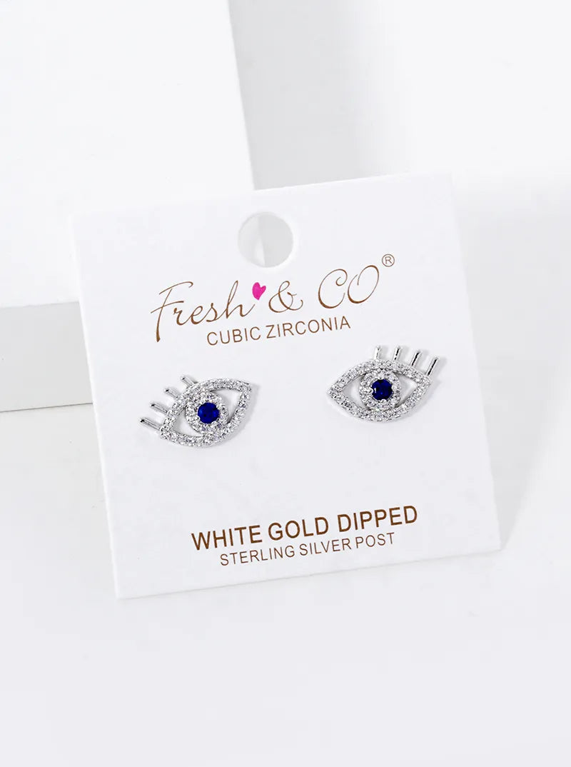 White Gold Dipped CZ Pave Evil Eye Stud Earrings