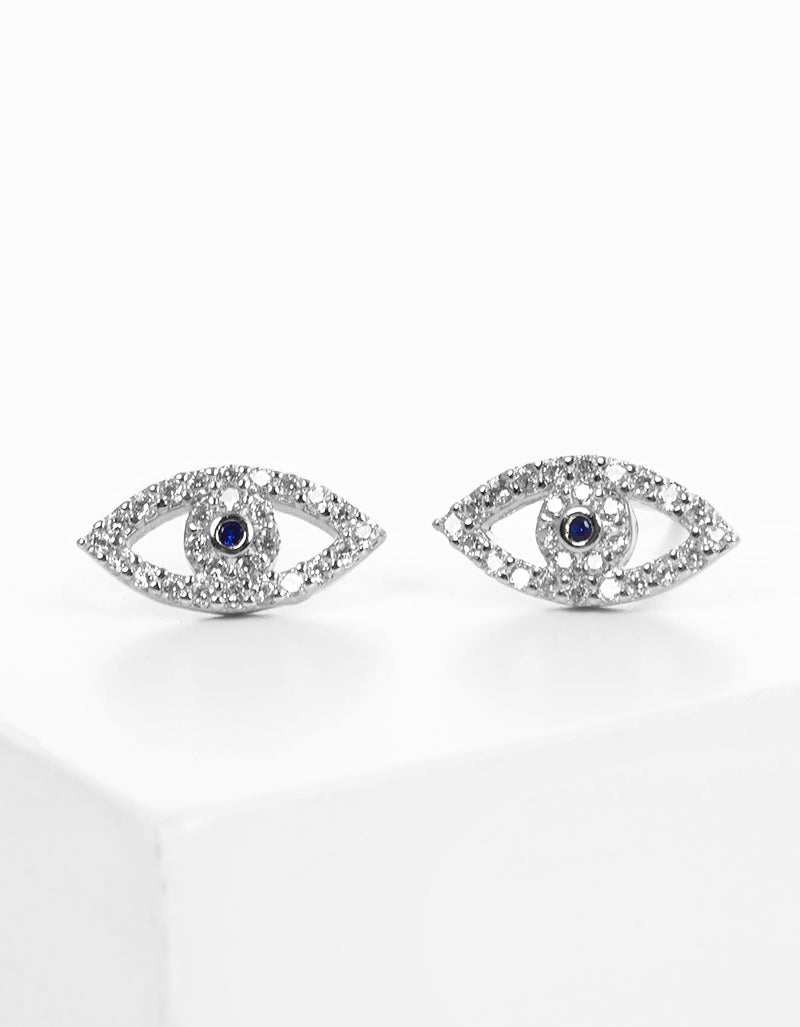 White Gold Dipped CZ Pave Evil Eye Stud Earrings