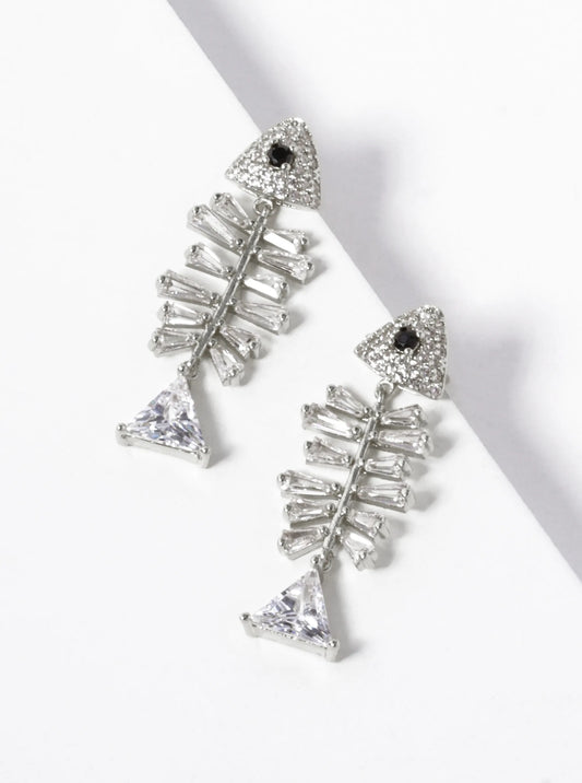White Gold Dipped CZ Pave Fishbone Earrings
