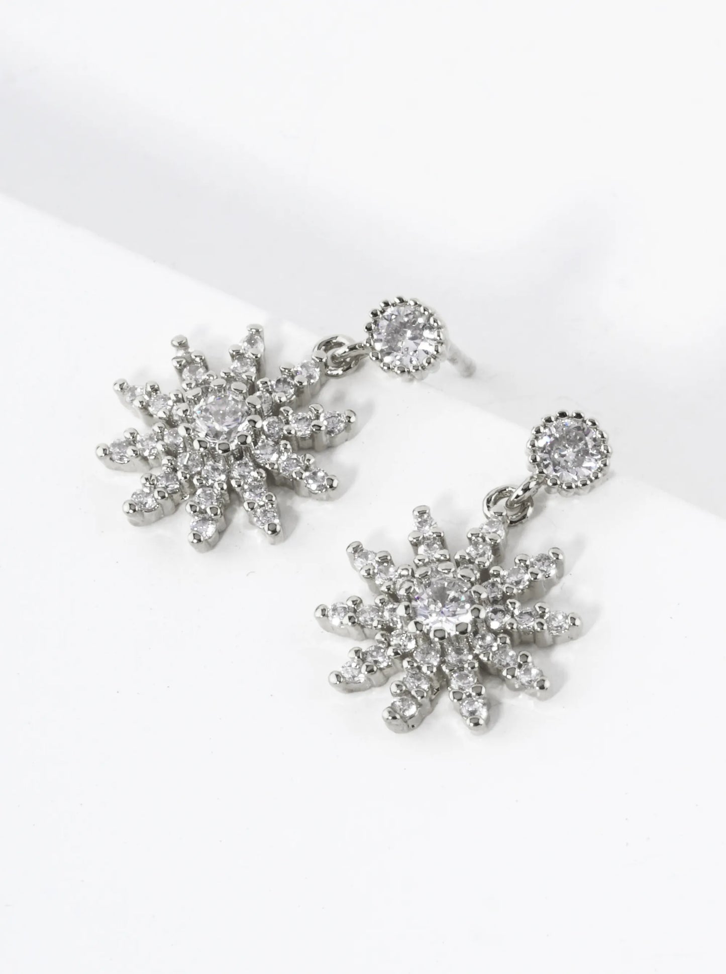 White Gold Dipped CZ Pave Flower Drop Dangle Post Earrings
