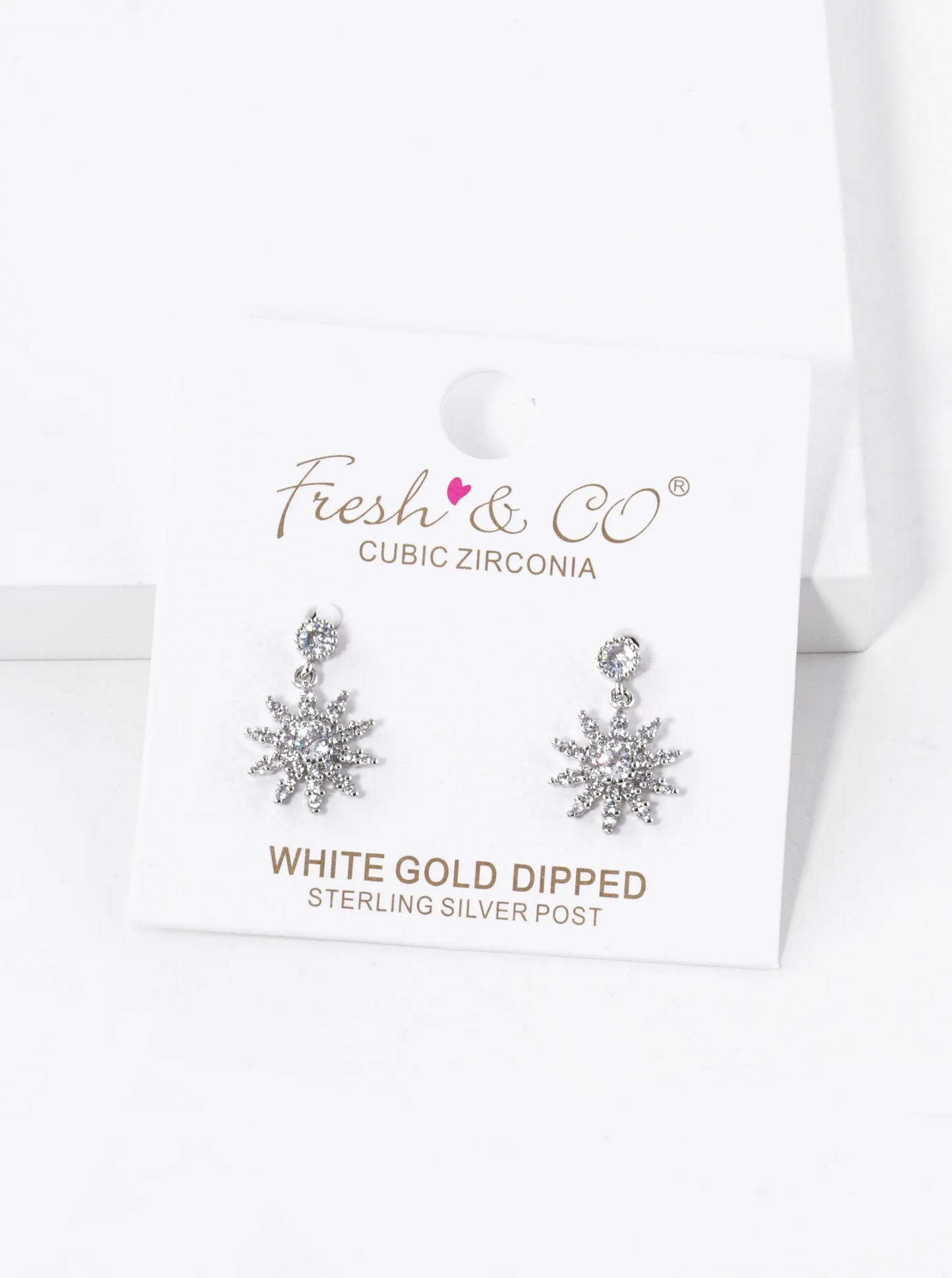 White Gold Dipped CZ Pave Flower Drop Dangle Post Earrings