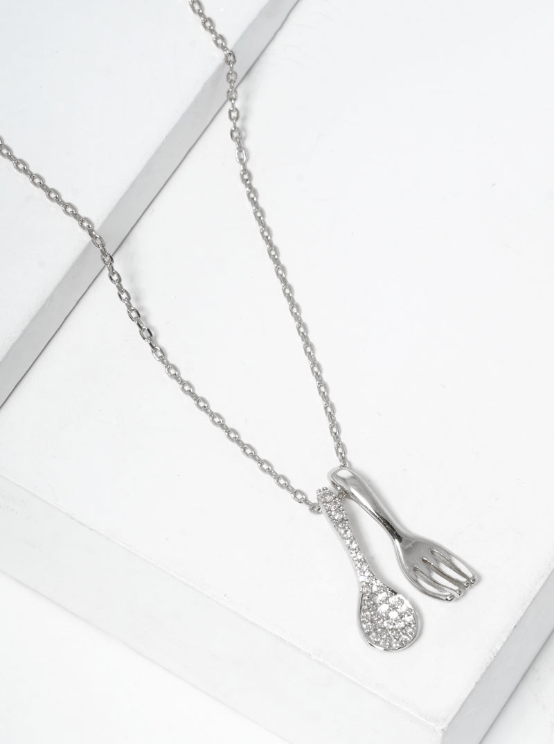White Gold Dipped CZ Pave Fork And Spoon Pendant Necklace