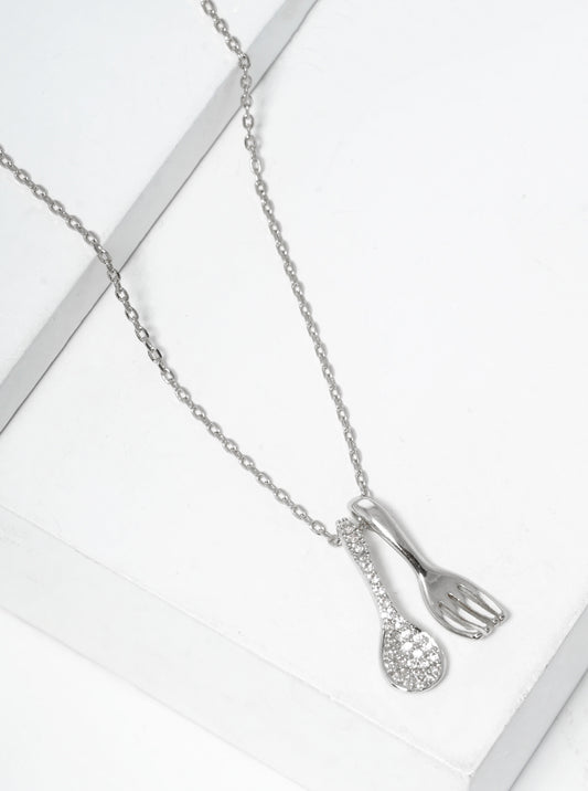 White Gold Dipped CZ Pave Fork And Spoon Pendant Necklace