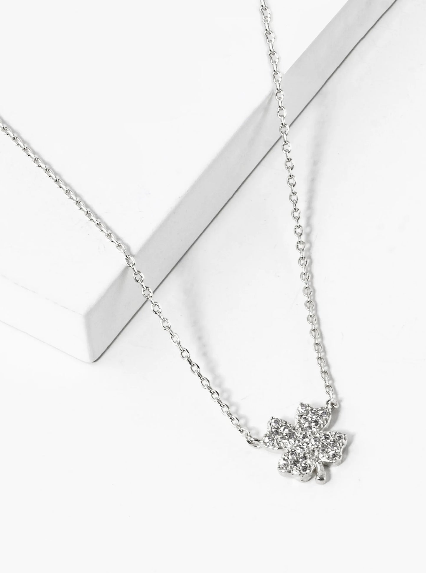 White Gold Dipped CZ Pave Four-Leaf Clover Pendant Necklace