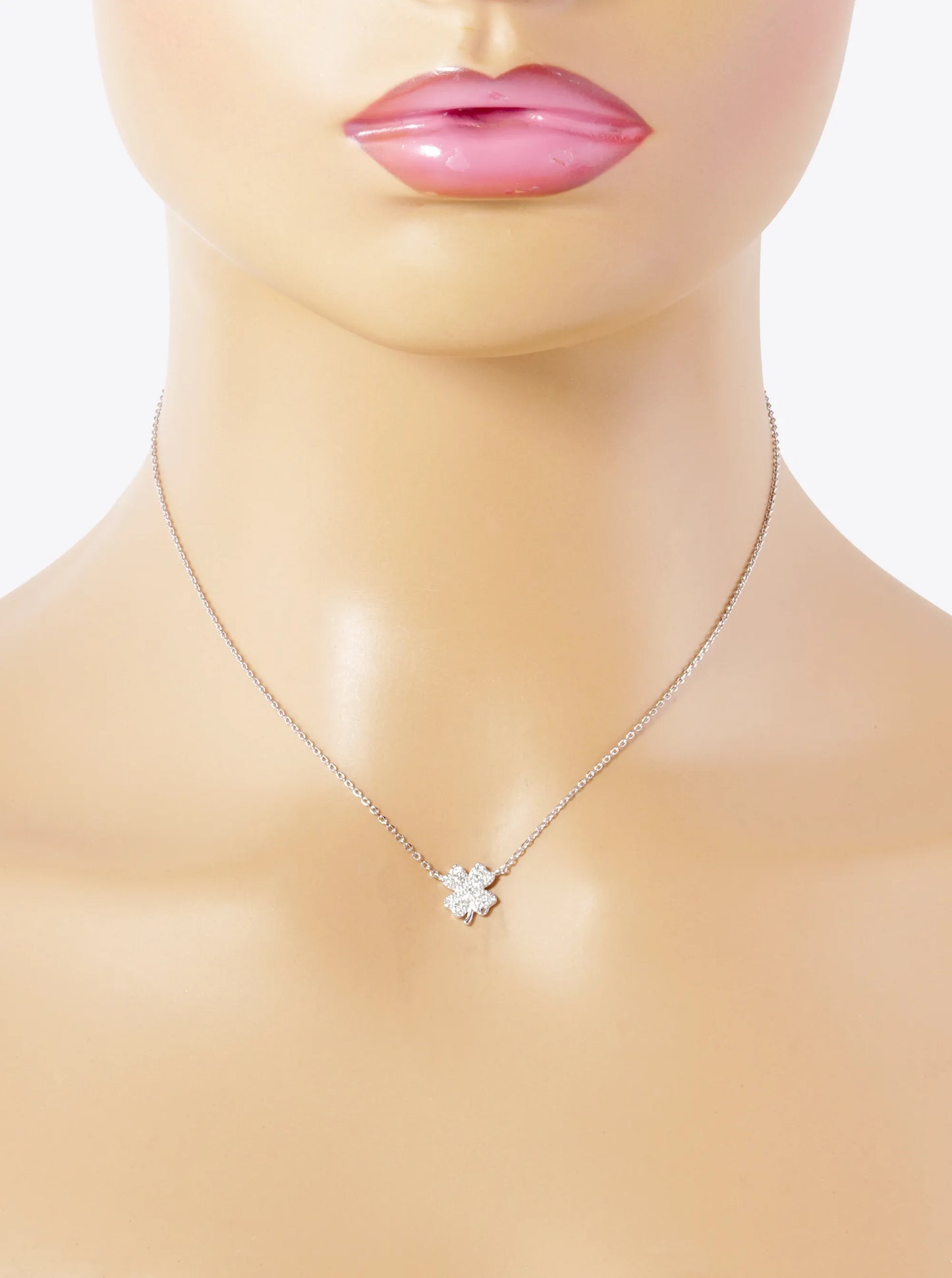 White Gold Dipped CZ Pave Four-Leaf Clover Pendant Necklace