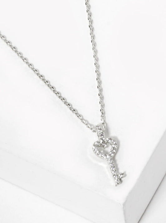 White Gold Dipped CZ Pave Heart Key Pendant Necklace