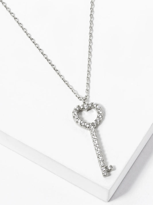 White Gold Dipped CZ Pave Heart Key Pendant Necklace