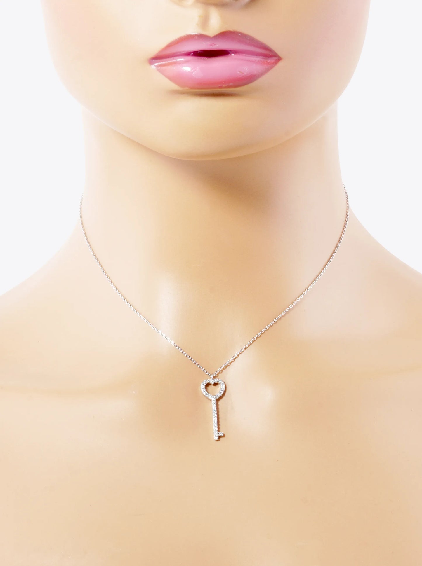 White Gold Dipped CZ Pave Heart Key Pendant Necklace