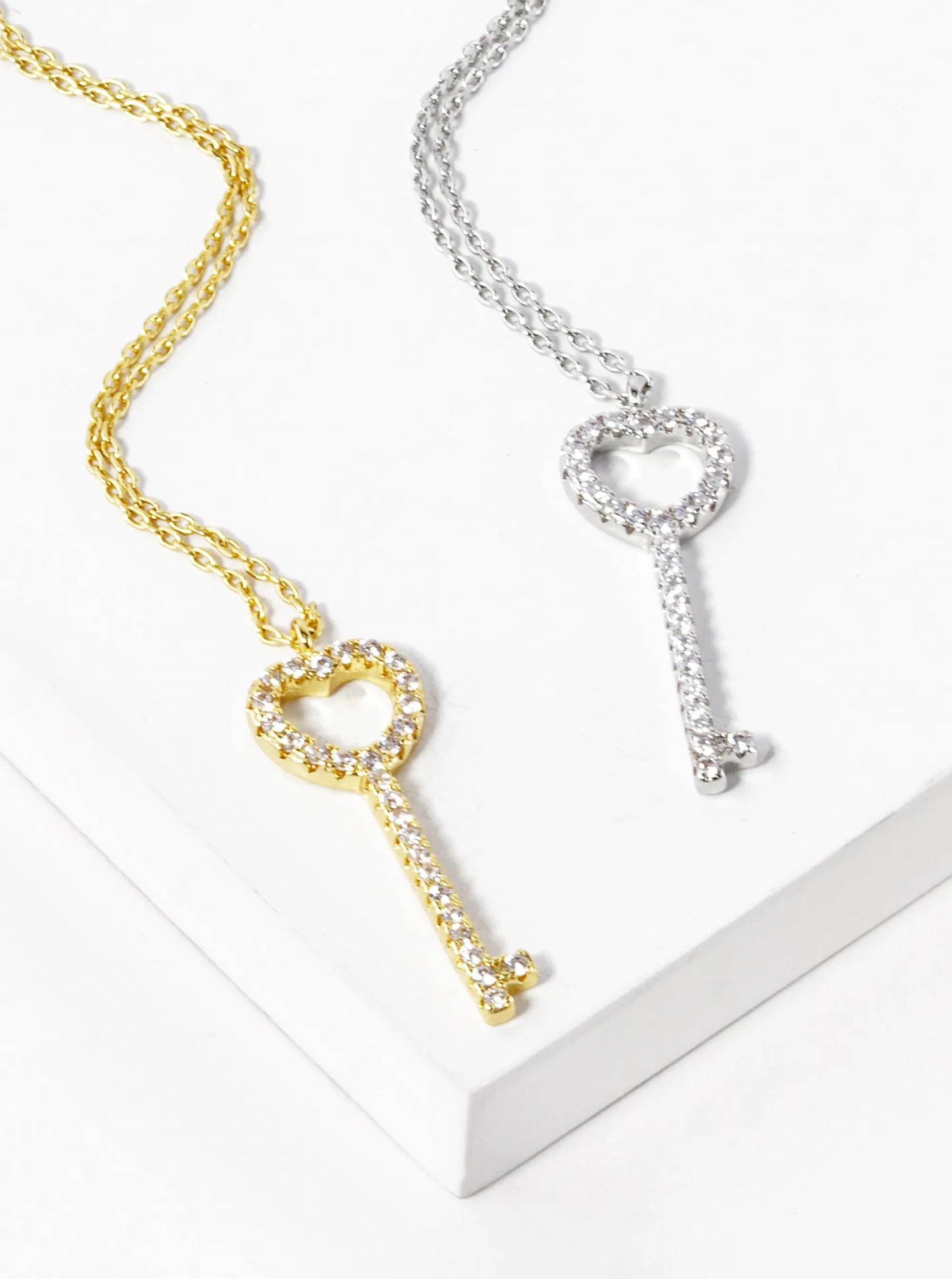 White Gold Dipped CZ Pave Heart Key Pendant Necklace