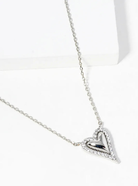 White Gold Dipped CZ Pave Heart Pendant Necklace