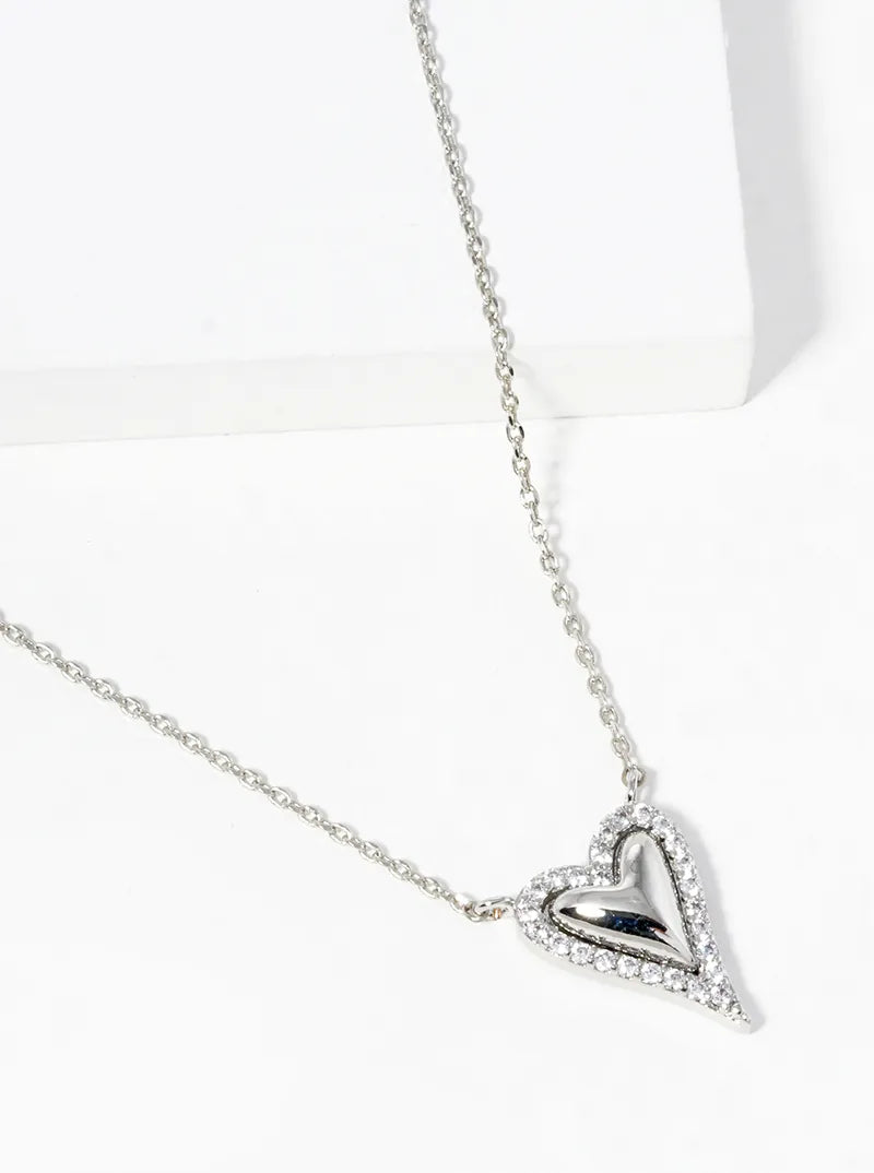 White Gold Dipped CZ Pave Heart Pendant Necklace