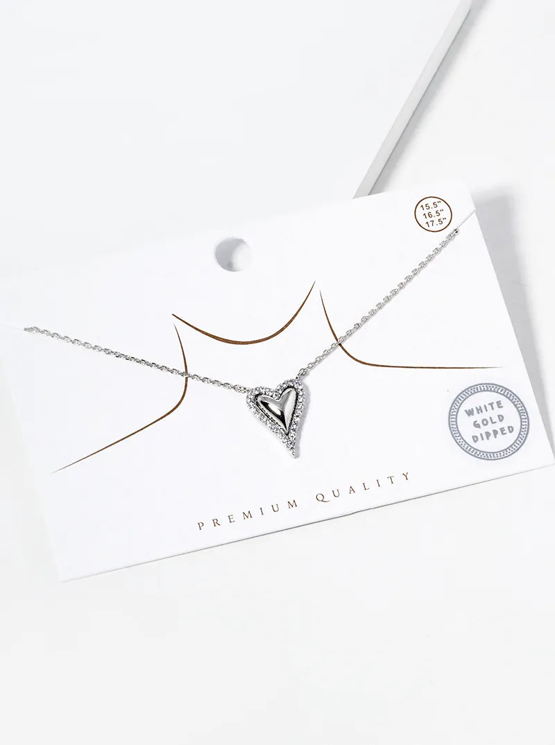White Gold Dipped CZ Pave Heart Pendant Necklace