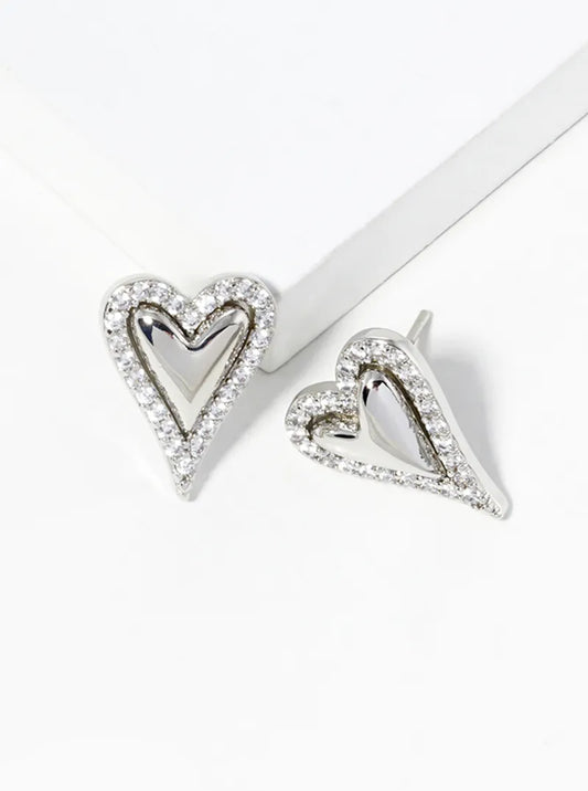 White Gold Dipped CZ Pave Heart Post Stud Earrings