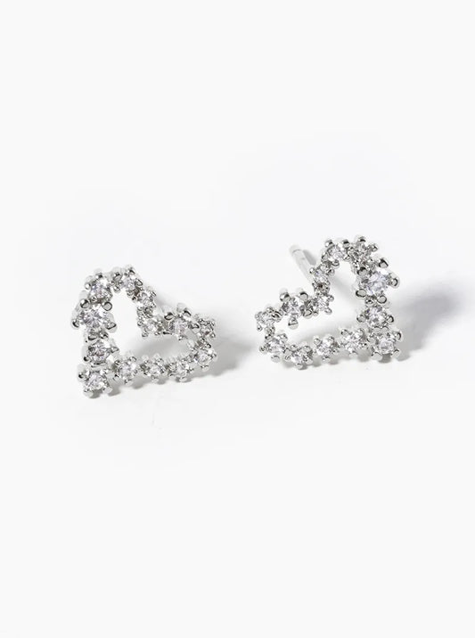 White Gold Dipped CZ Pave Heart Post Stud Earrings