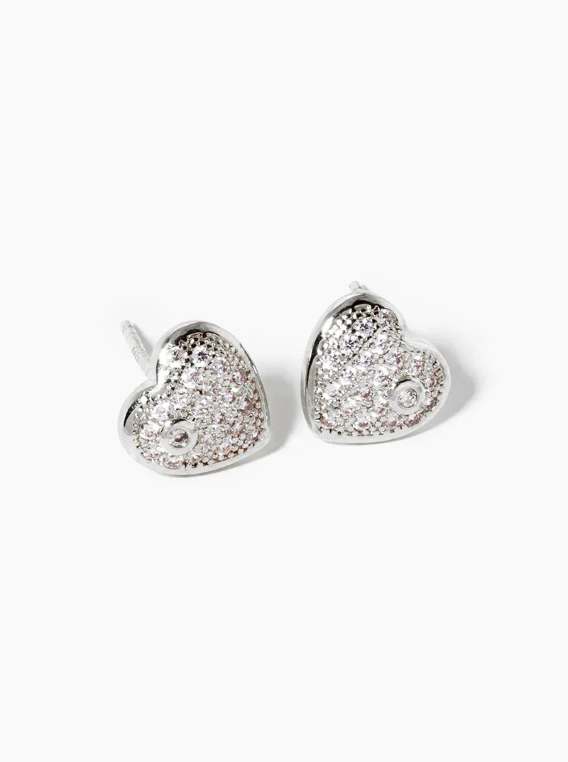 White Gold Dipped CZ Pave Heart Post Stud Earrings