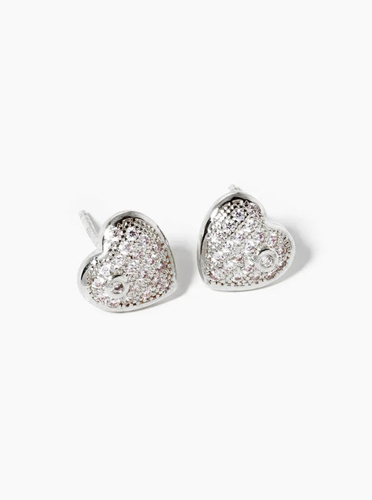 White Gold Dipped CZ Pave Heart Post Stud Earrings