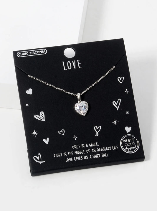 White Gold Dipped CZ Pave Heart Stone Pendant Necklace
