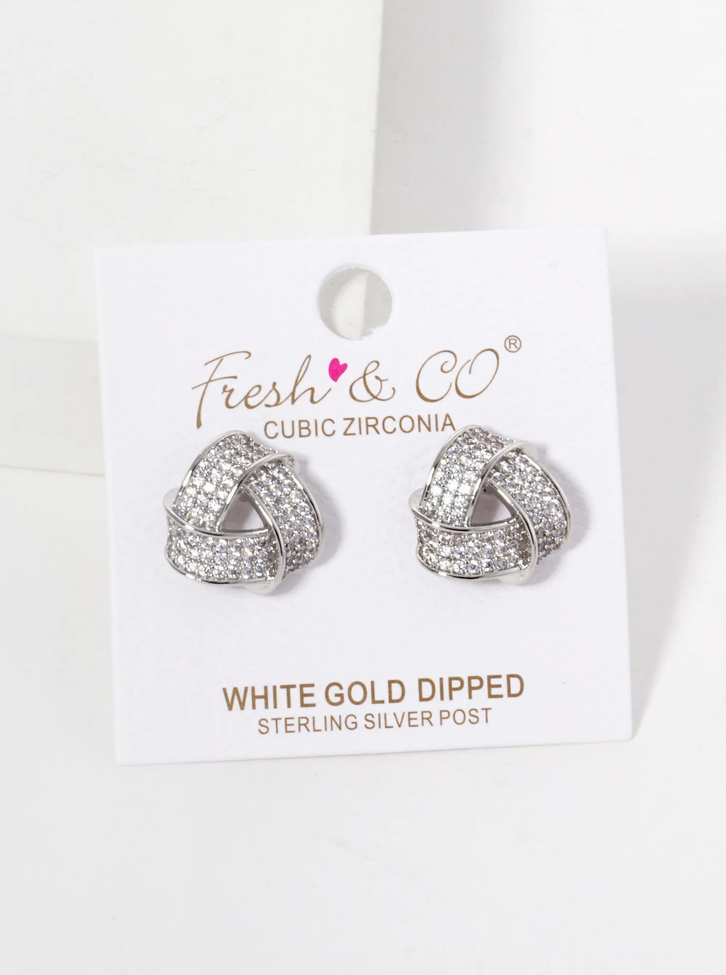 White Gold Dipped CZ Pave Impossible Triangle Stud Earrings
