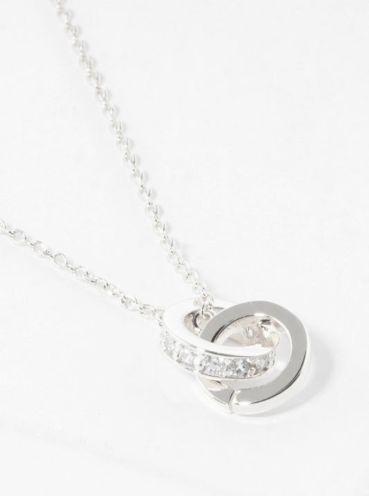 White Gold Dipped CZ Pave Interlocking Circle Pendant Necklace