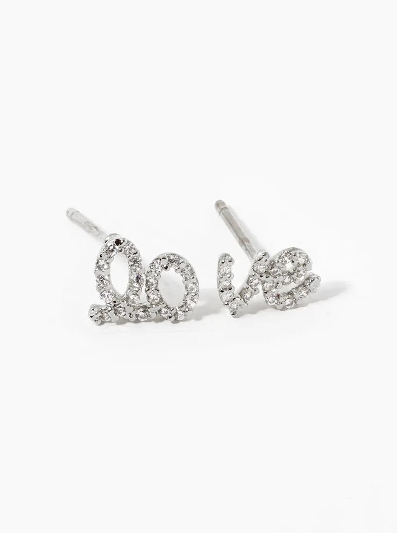 White Gold Dipped CZ Pave Italic Love Stud Earrings